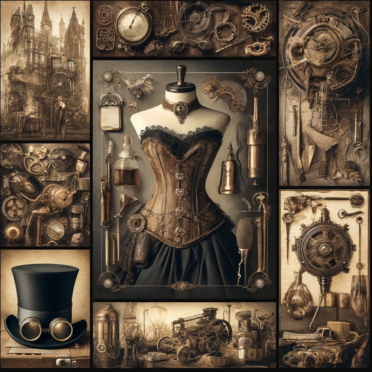A steampunk themed visual collage featuring Victorian era inspired fashion, intricate brass and copper machinery, and old-fashioned gadgets reimagined 