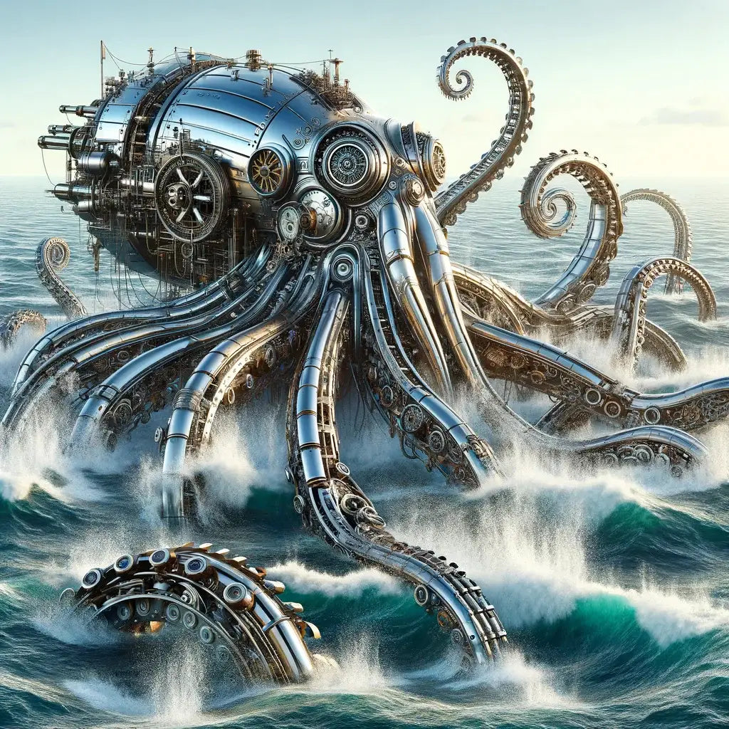 Mechanical Octopus emerging from the sea
